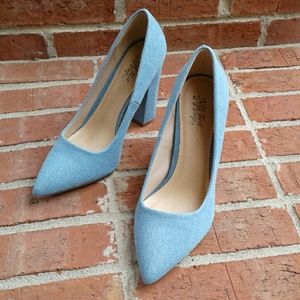 Not Just A Pump Blue Textile Block Heel Pumps